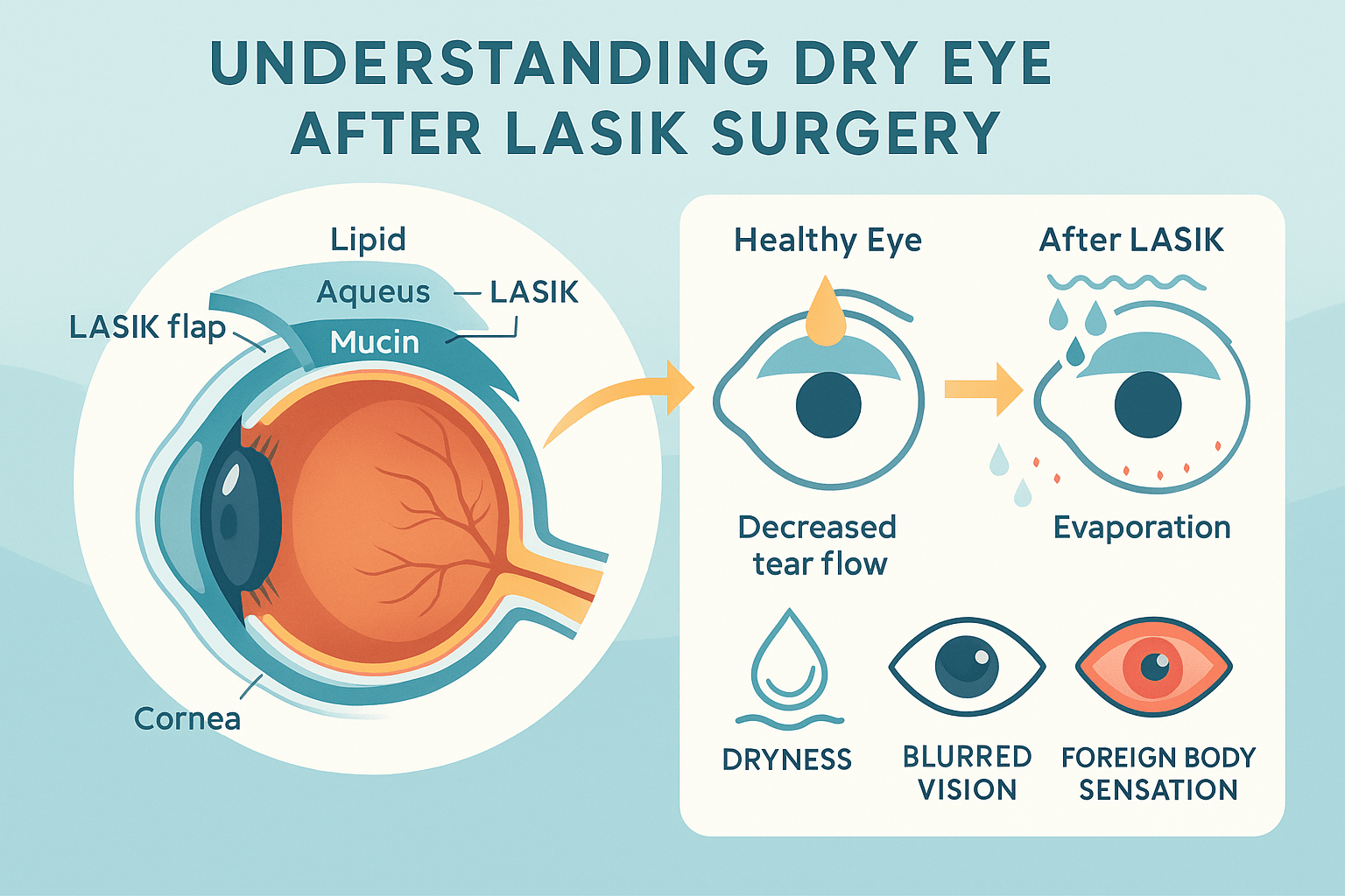 Educational infographic showing a cross-section of the human eye comparing healthy and post-LASIK tear production, with the cornea, tear film layers, LASIK flap, irritation icons, evaporation symbols, and callouts for dry eye symptoms on a clean, modern blue background.